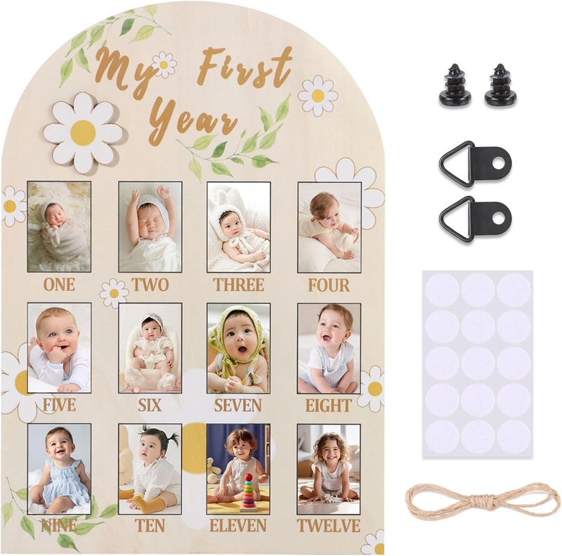 RANERVZ My First Year Photo Display Sign from 1-12 Months Wooden Daisy Flower Picture Frame for First Birthday Party Decorations Milestone Monthly Board for Girl One Birthday Nursery Decor Baby Keepsake Gift - Image 1
